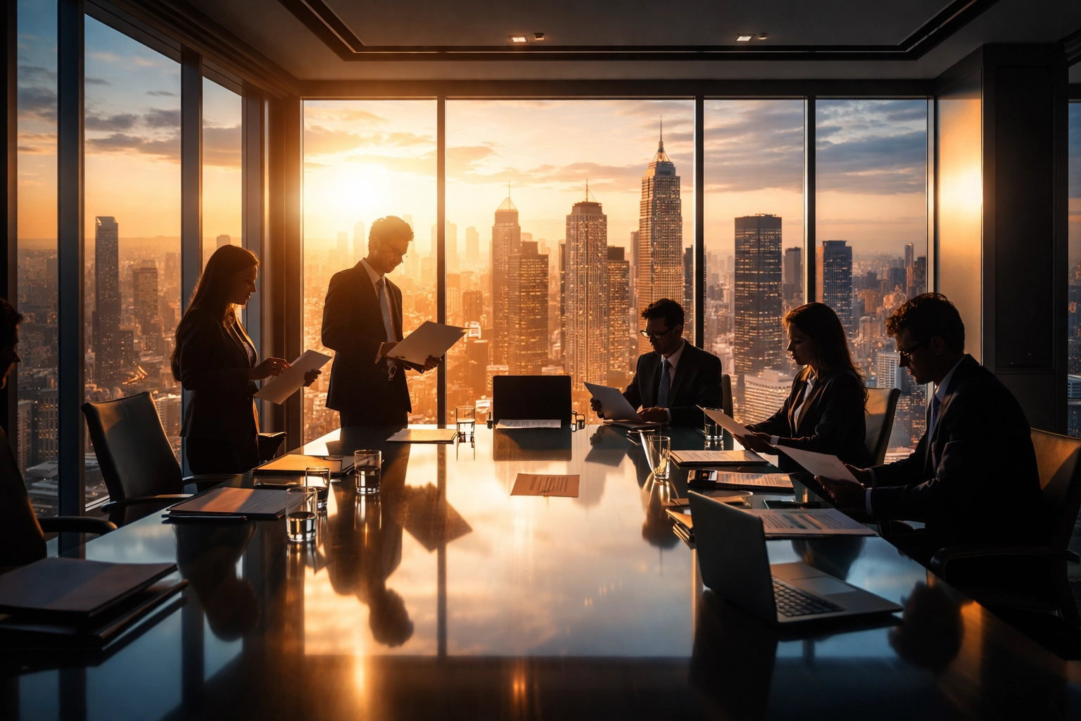 Business professionals in a high-rise conference room reviewing investment strategies with a city skyline view, symbolizing accredited investor opportunities and wealth management.