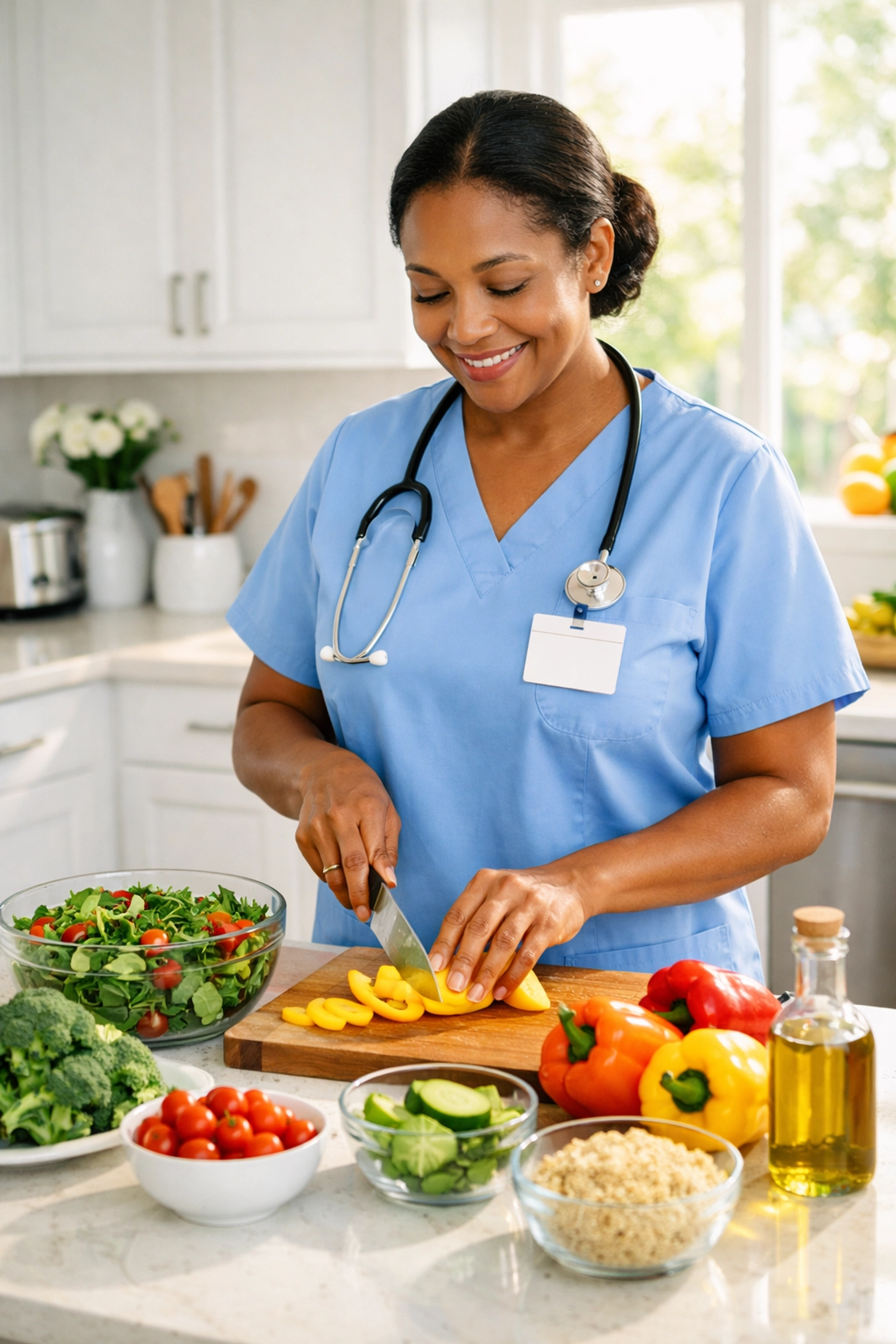 Professional live-in carer preparing nutritious meals as part of daily home care in Southampton.
