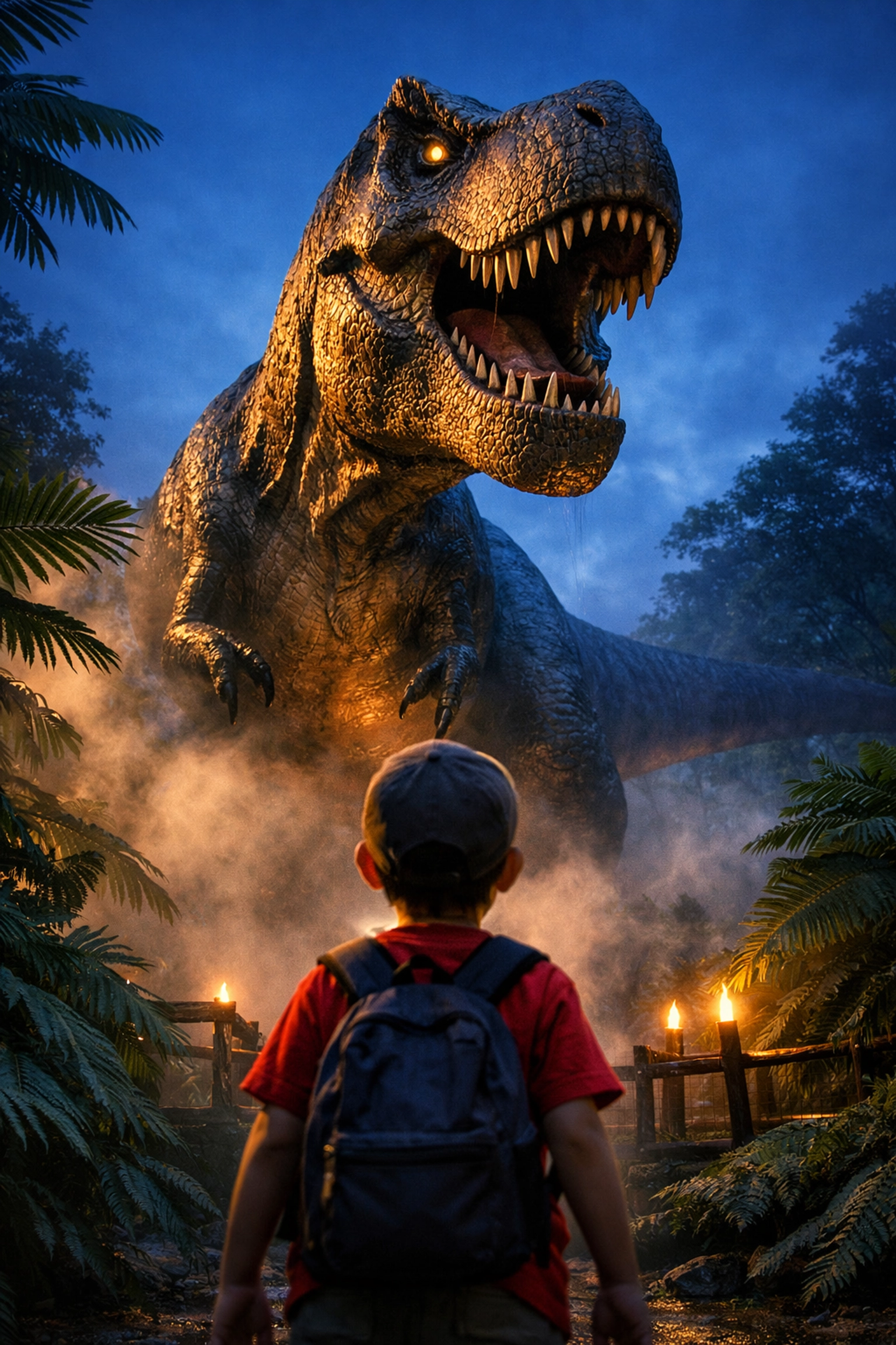 A young boy looks at a giant T-Rex at a dinosaur park, one of the best family travel photo spots.