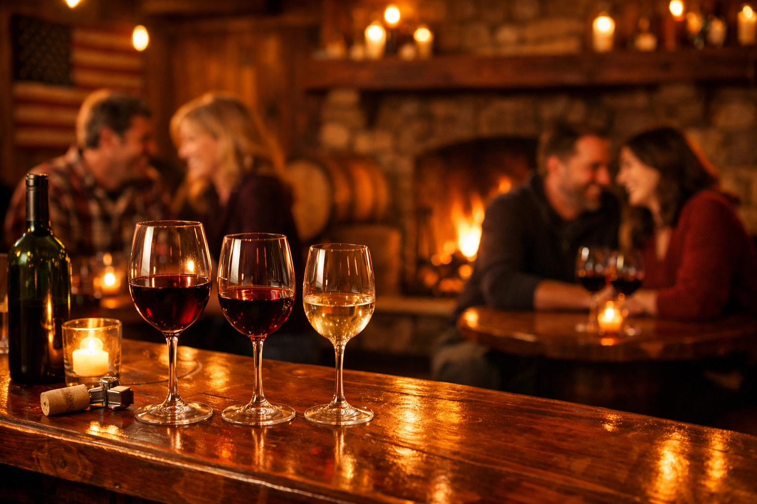 Cozy Virginia winery tasting room with fireplace for Valentine's Day weekend