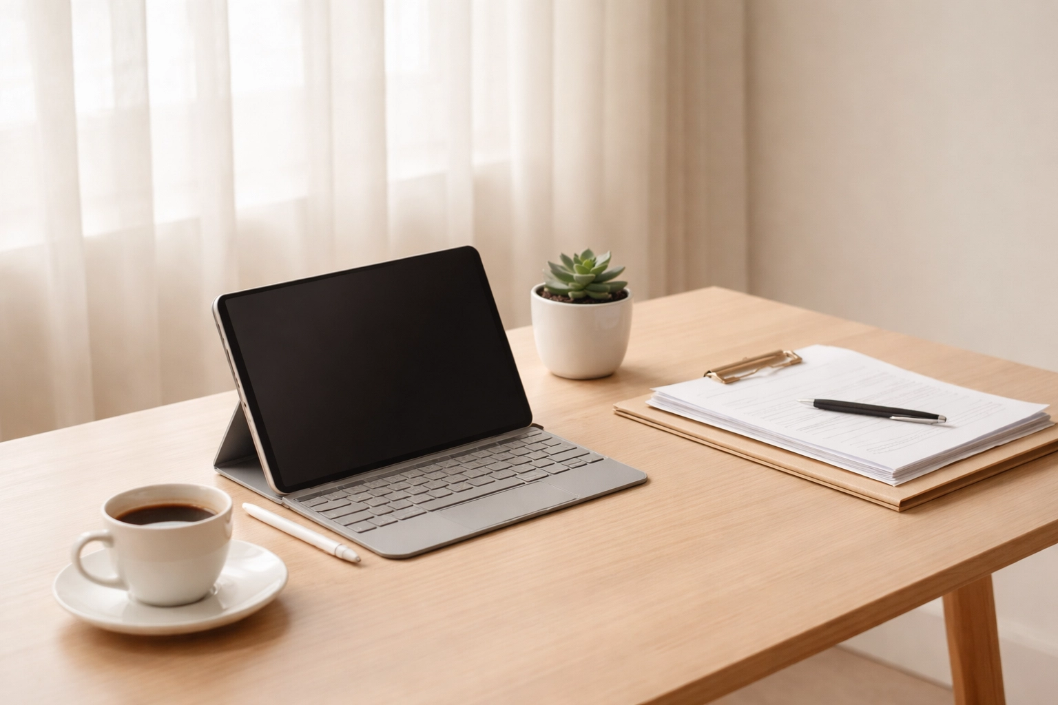 Organized home office desk with tablet and documents, symbolizing documentation for digital tax filing