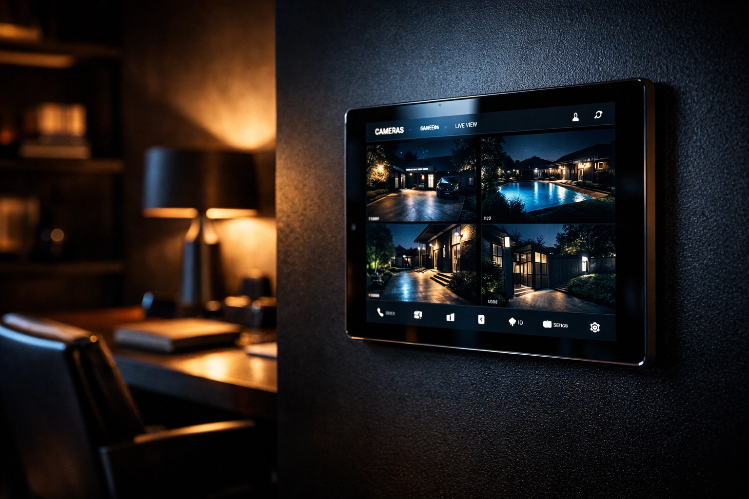 High-definition video surveillance interface on a wall-mounted smart home control panel.