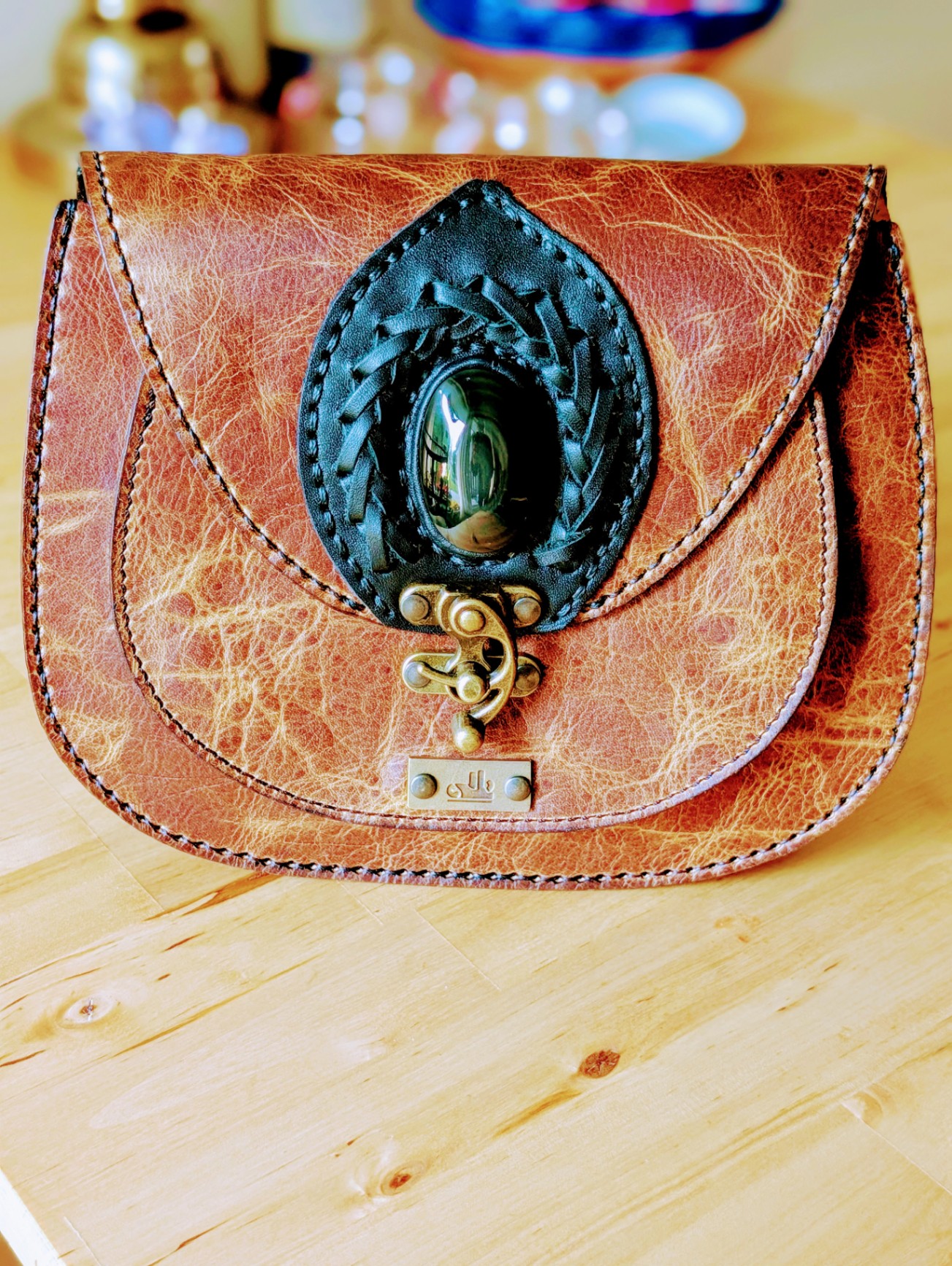 Handcrafted Full-Grain Distressed Leather Crossbody with Green Stone Accent
