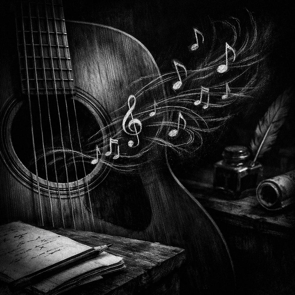 Monochrome close-up of guitar strings and sketched musical notes for a Canberra songwriting workshop.