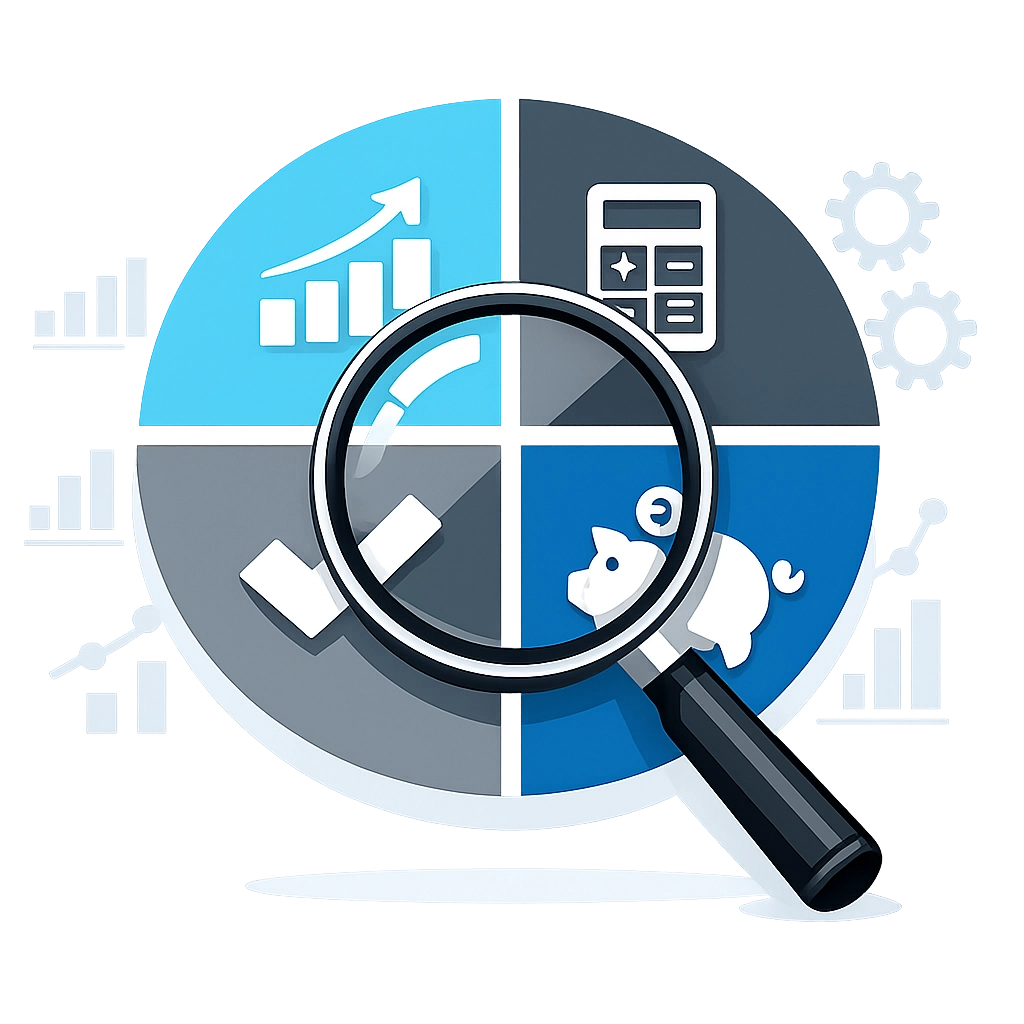 Magnifying glass over quarterly tax segments showing how a concierge tax pro finds credits and deductions.