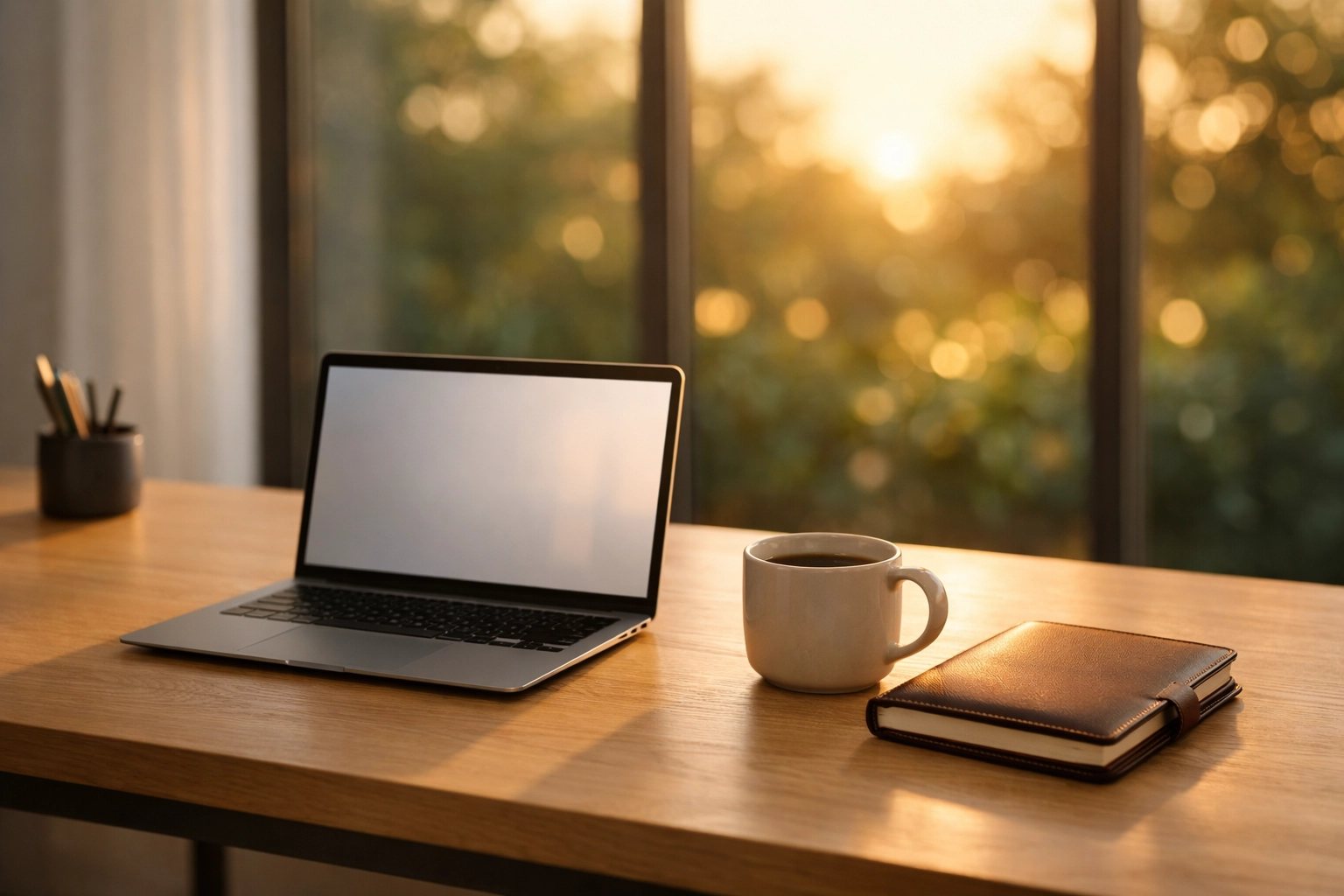 Peaceful office workspace with a laptop used for tracking 1099 thresholds and daily business bookkeeping.