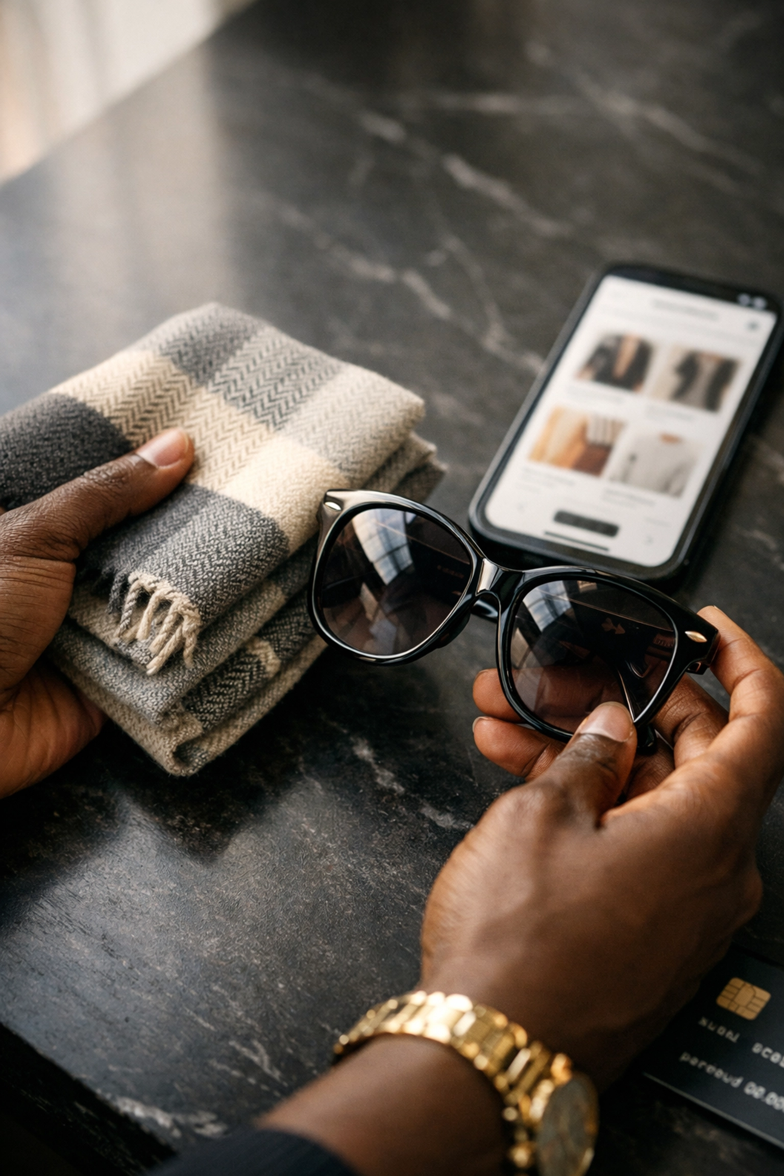 Why Sonny’s Spotlight on Black Icons Will Change the Way You Buy Black Hands holding sunglasses and scarf while shopping Buyblack online for Black-owned accessories