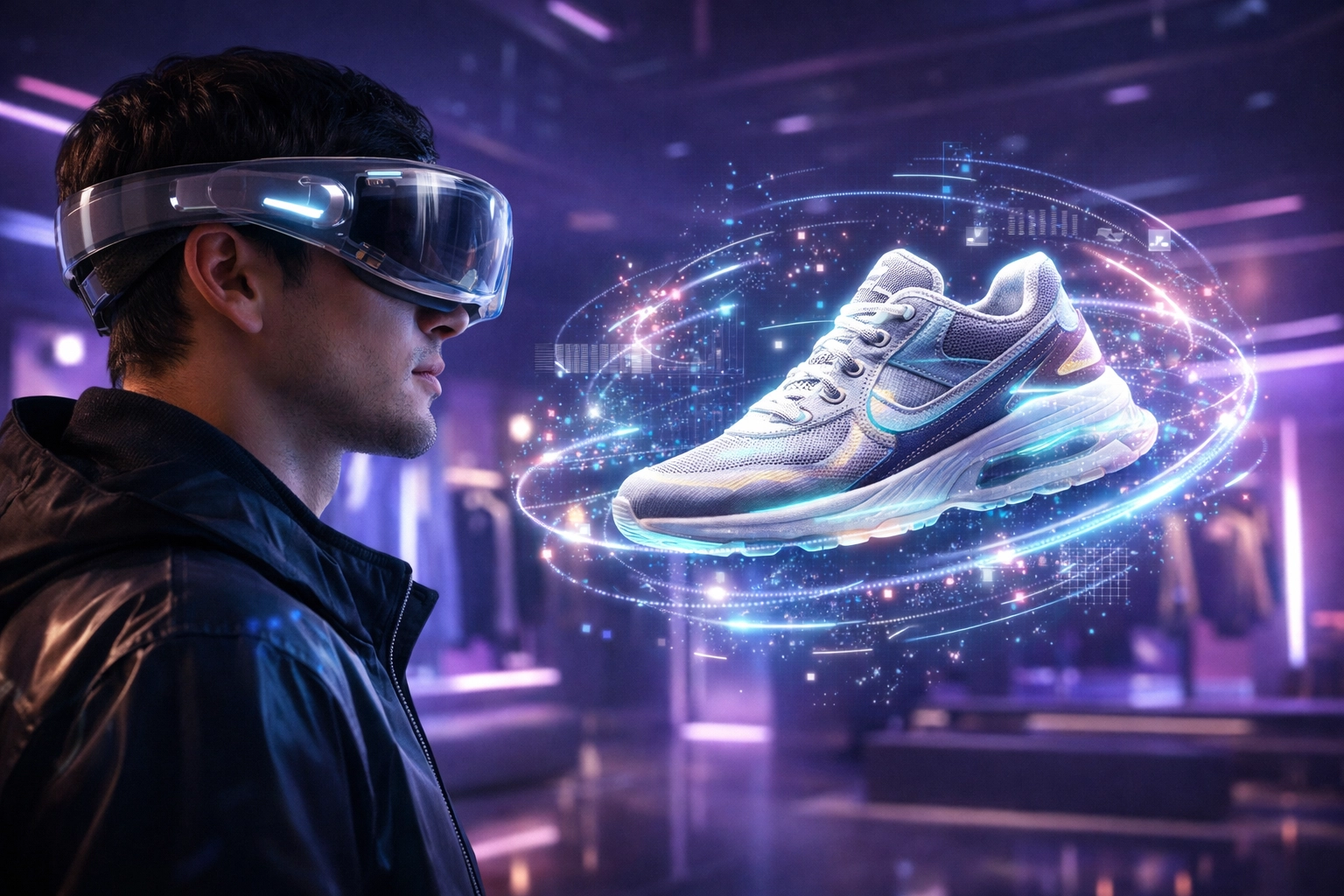 AI-powered metaverse shopping experience showing a user viewing holographic products.