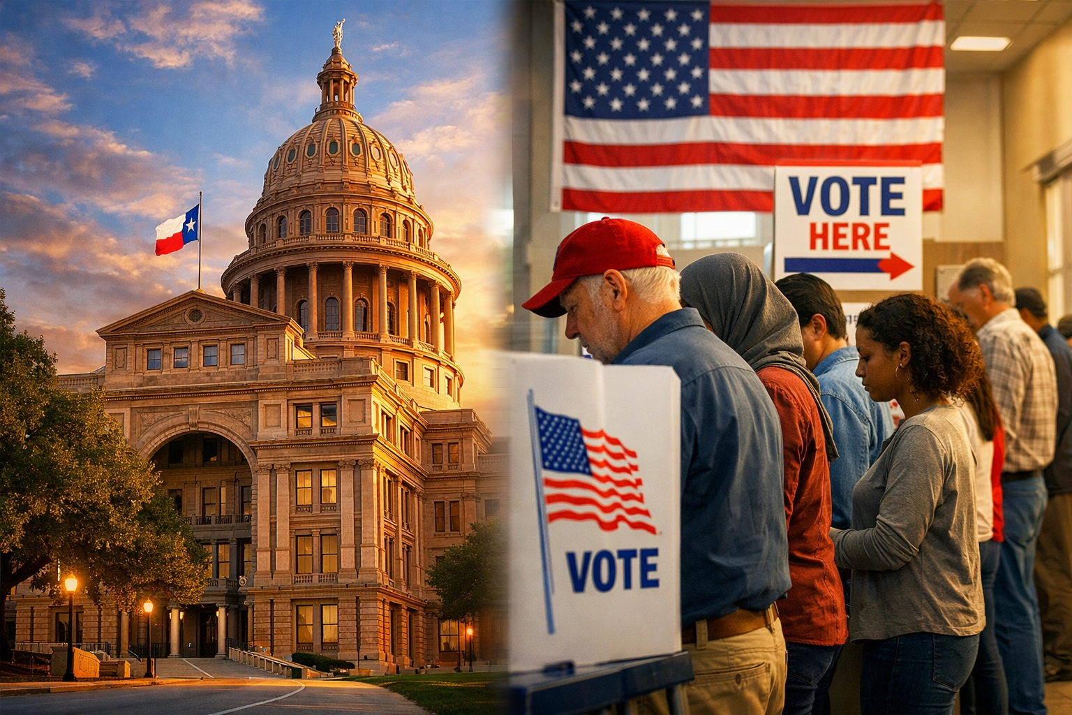 Texas State Capitol building and voters during special election that flipped seats to Democrats