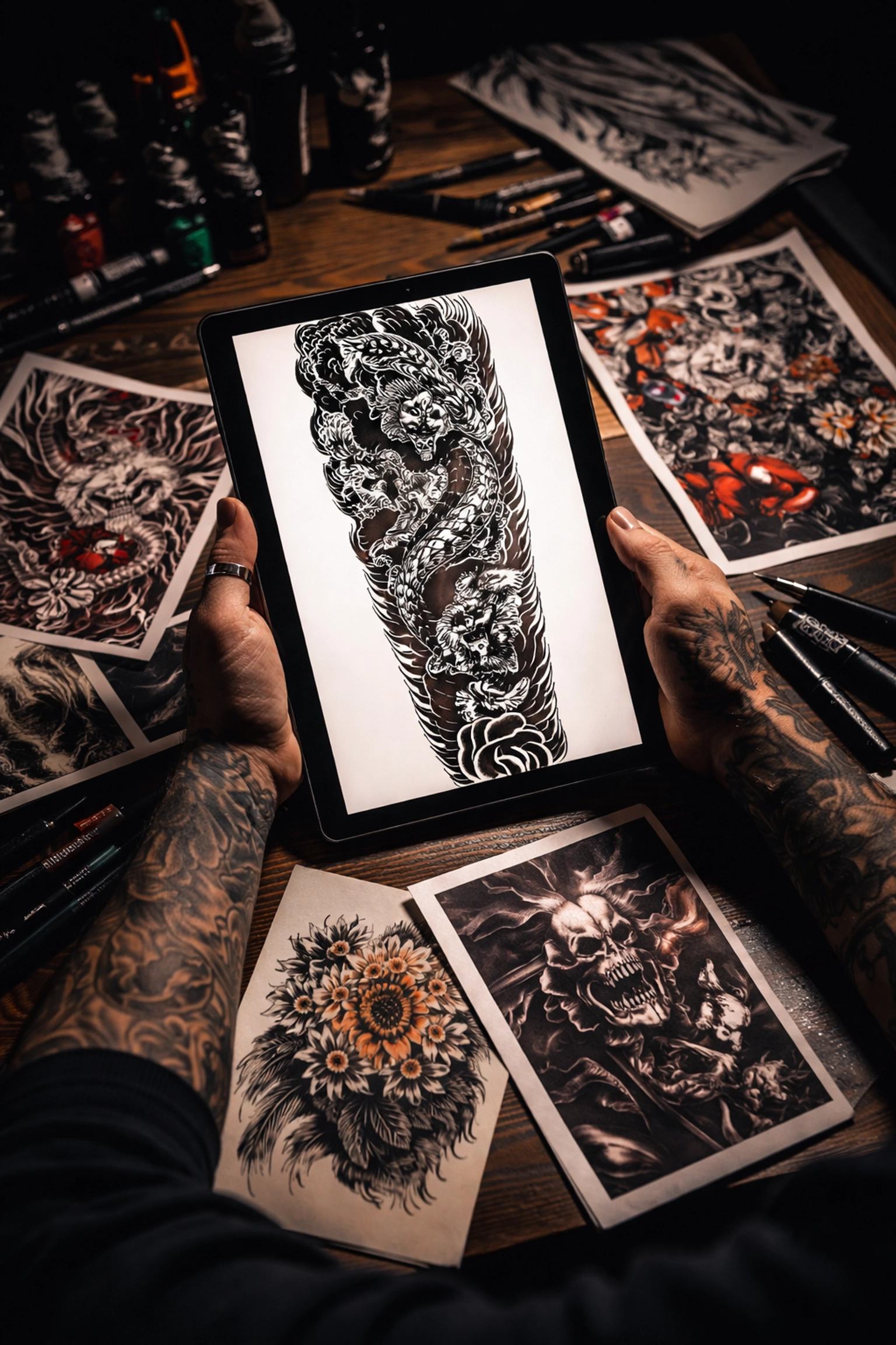 Tattoo artist planning a custom sleeve design on tablet with sketches and reference images in Omaha studio