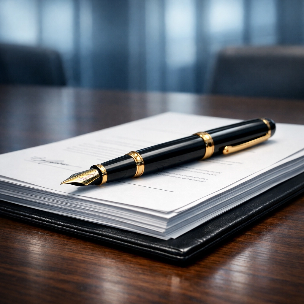 Fountain pen and business documents representing invoice factoring for improved business cash flow.