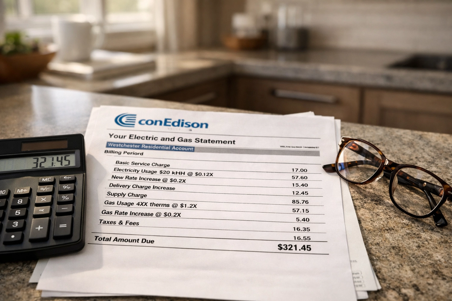 Con Edison utility bill showing rate increases on kitchen counter with calculator
