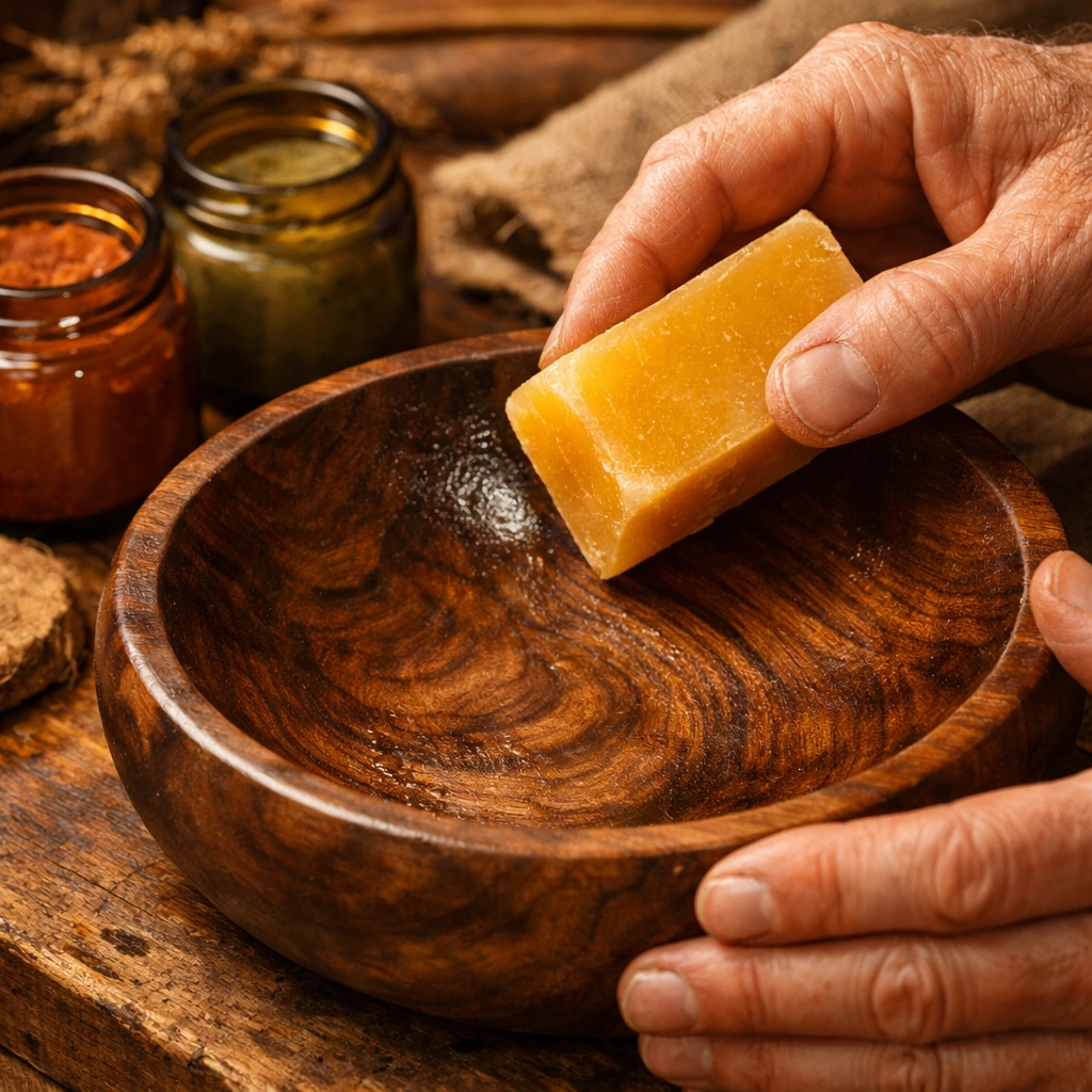 Handcrafted walnut bowl being finished with non-toxic beeswax for an eco-friendly artisan gift.