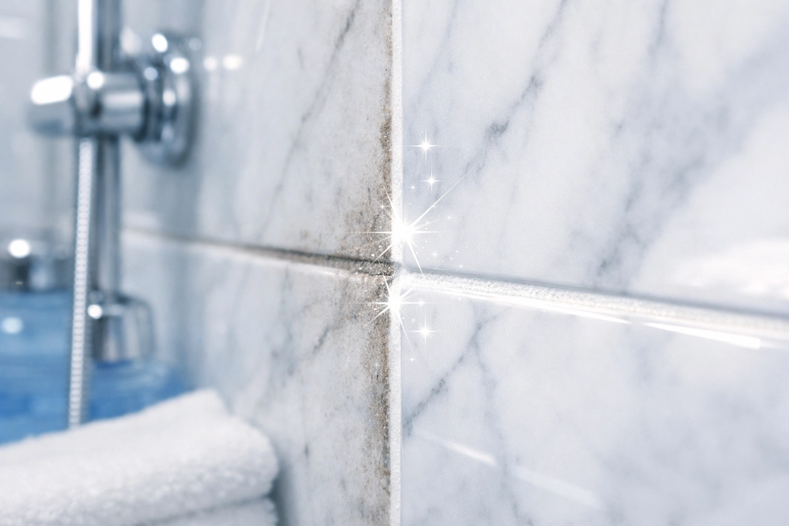 Close-up of sanitized bathroom tiles and polished fixtures during a deep cleaning Carlisle service.