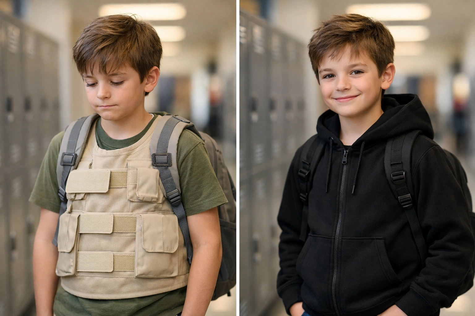 Child comparing medical weighted vest to stylish sensory friendly weighted hoodie in school