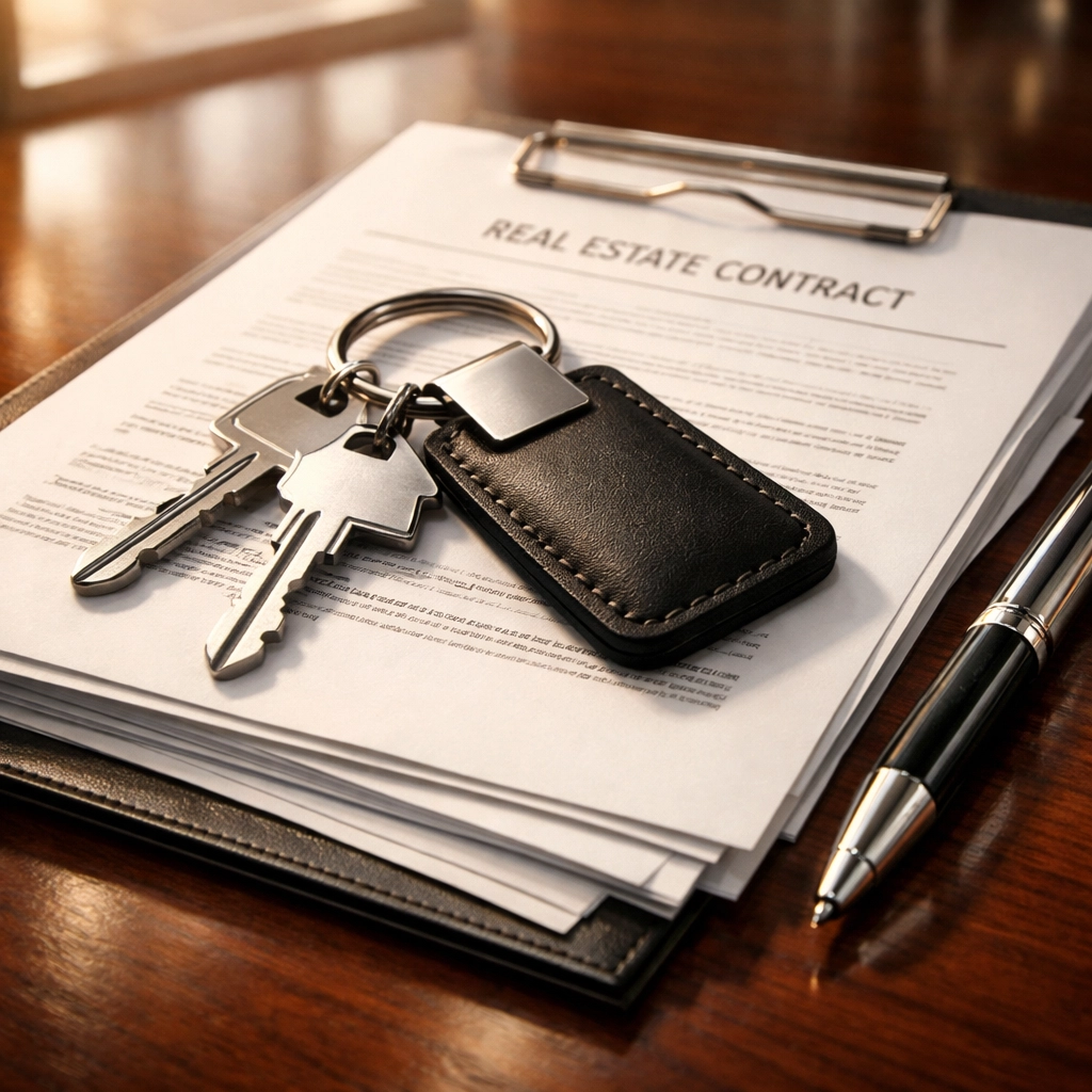 House keys sitting on signed Phoenix real estate contracts and mortgage loan documents.