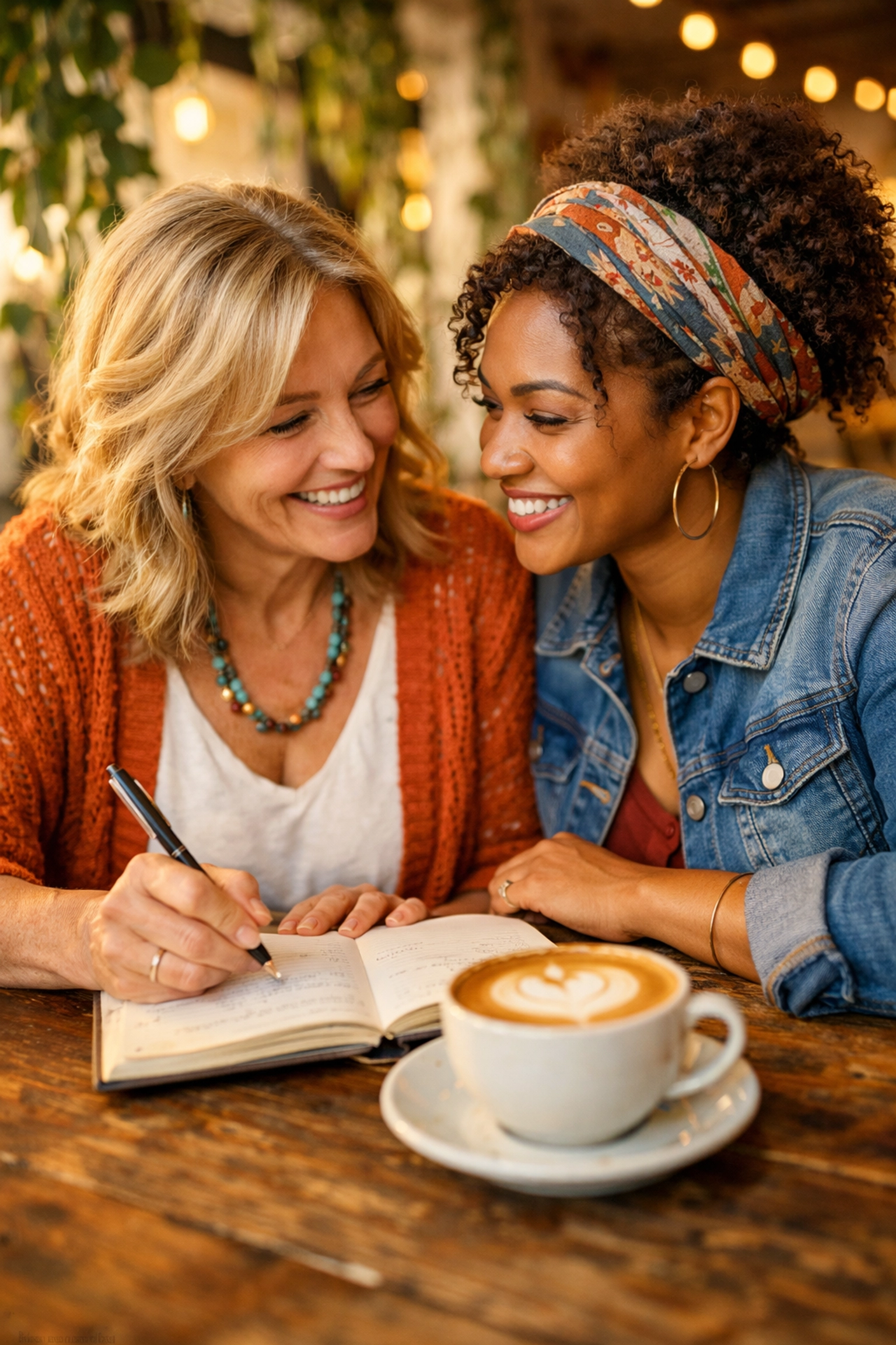 Two women collaborating over coffee, demonstrating heart-led leadership and supportive teamwork in the workplace.