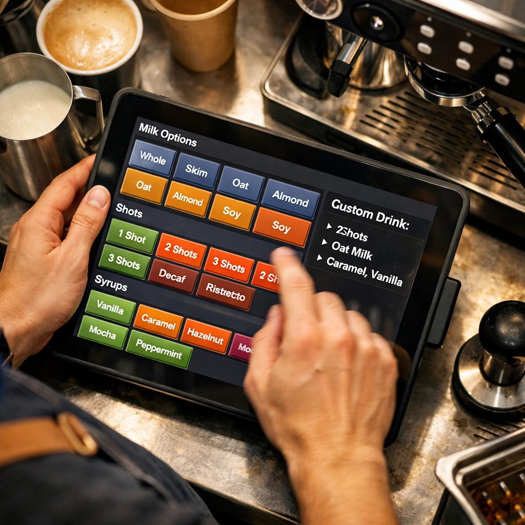 Barista entering custom coffee order on tablet POS system with drink modifiers