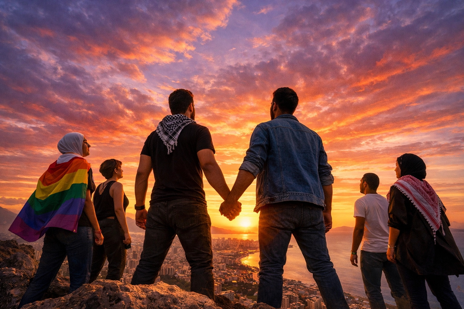 LGBTQ+ activists looking at a sunrise, representing the future of queer rights in the Arab world.