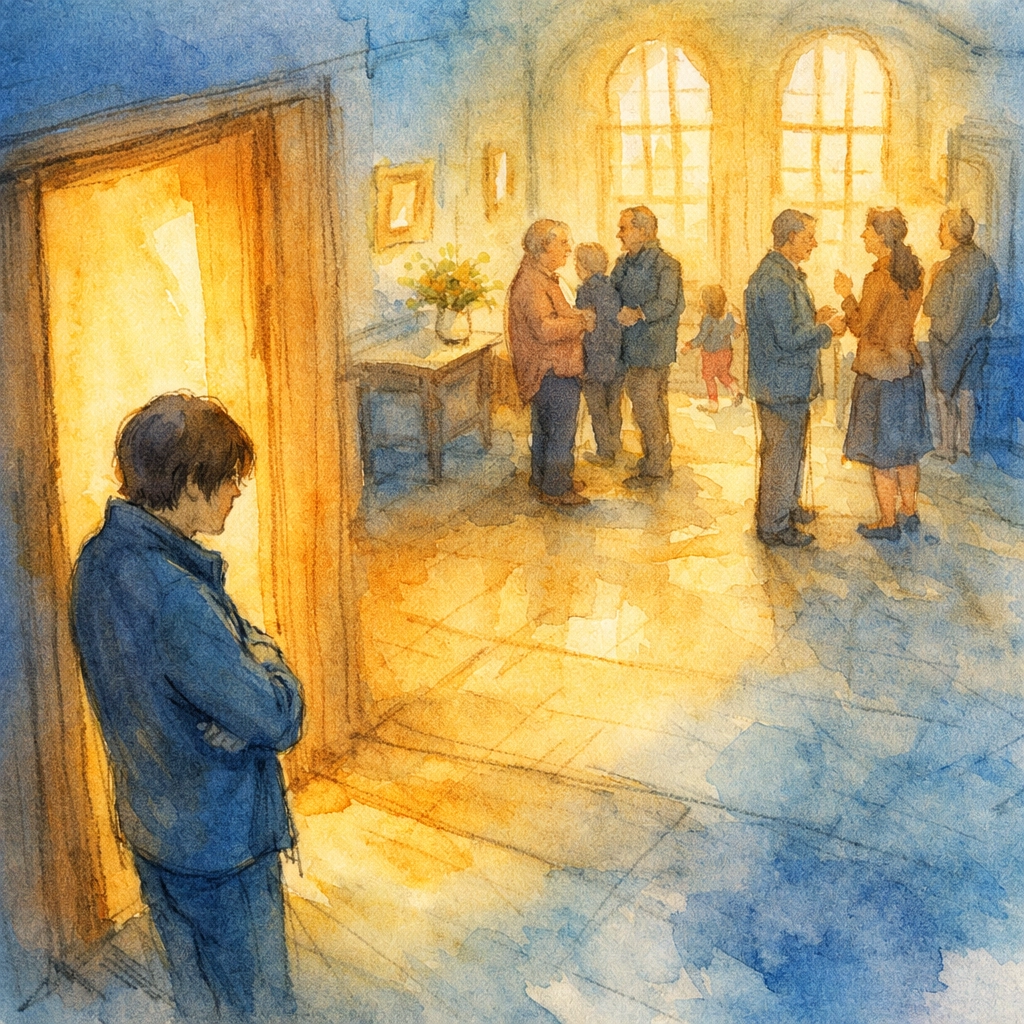 Hesitant church visitor standing alone at entrance while congregation gathers in lobby