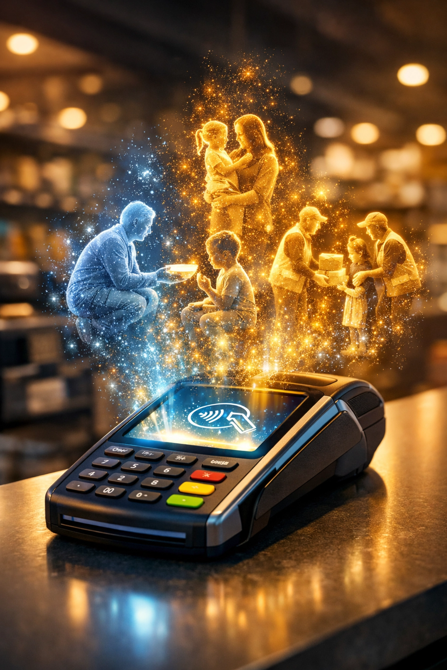 LarePAY digital payment terminal showing crypto transactions automatically funding global humanitarian causes