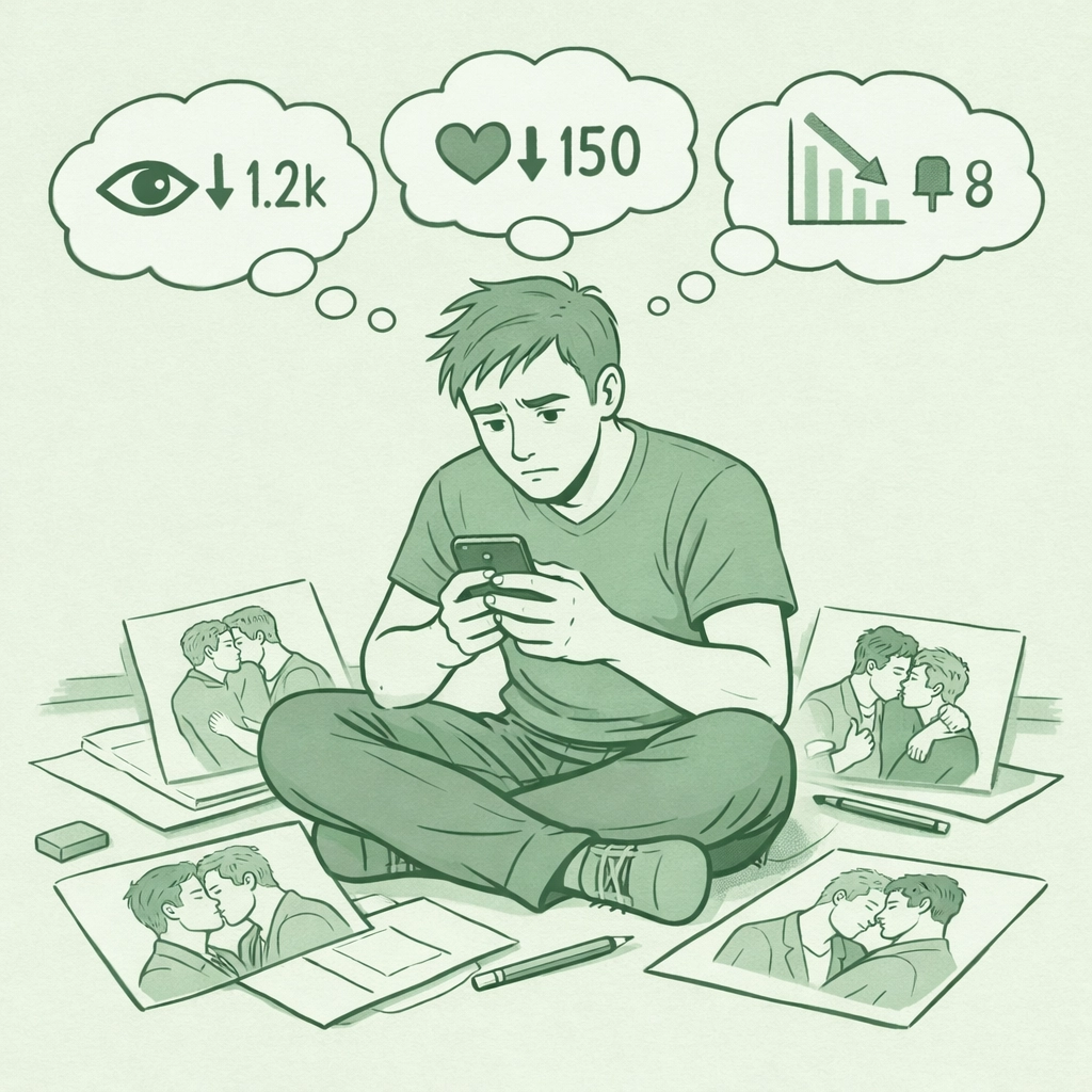 Queer artist surrounded by MM couple drawings facing declining social media engagement metrics