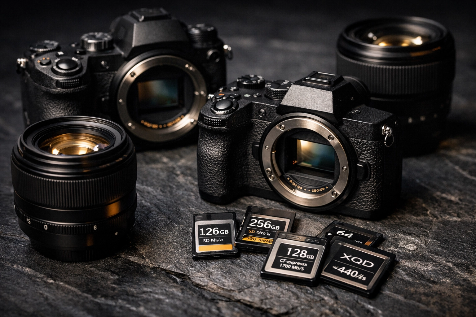 Professional camera equipment and lenses for corporate photography services in New York City.