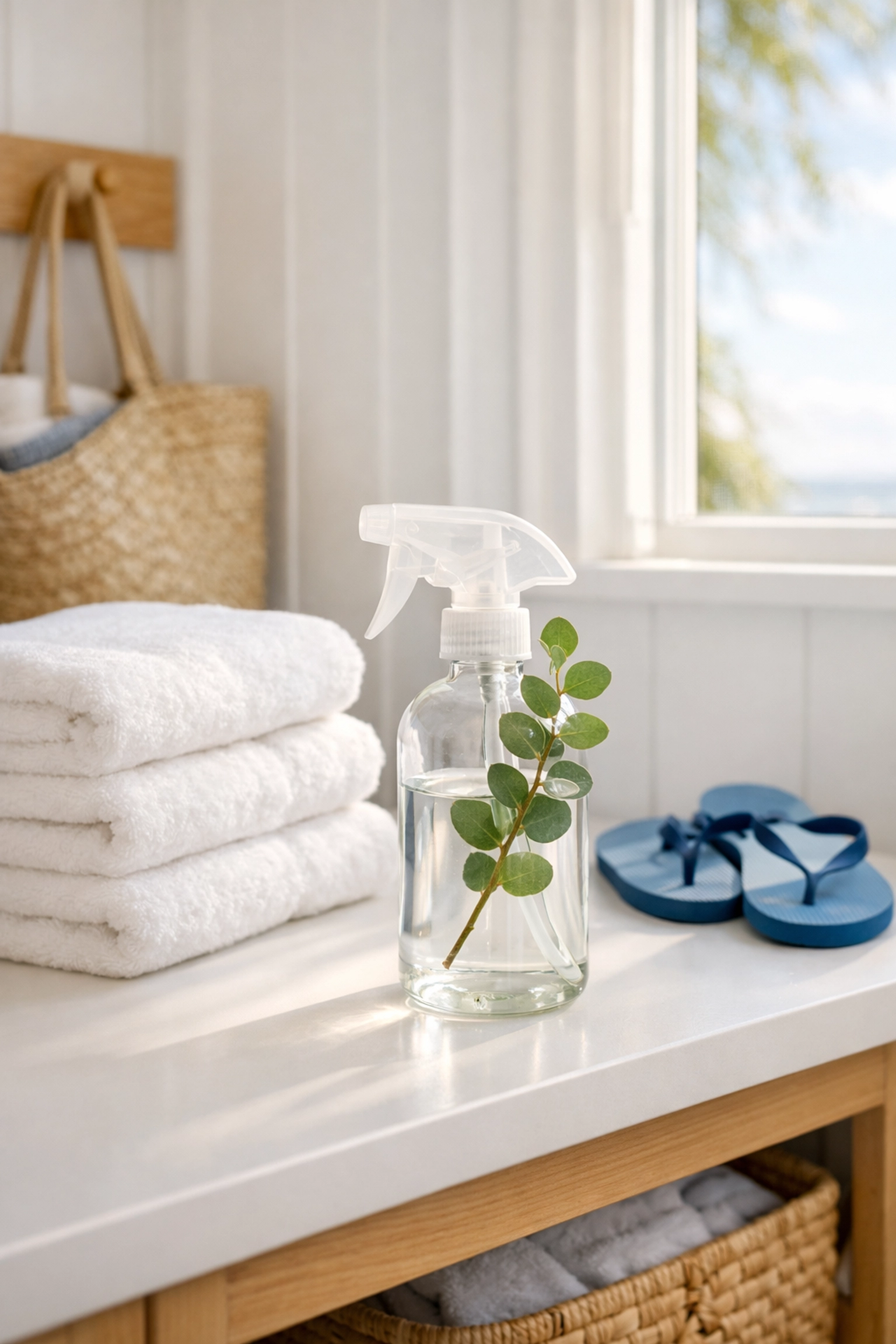 Eco-friendly cleaning supplies in a bright Mashpee mudroom prepared for the summer rental season.