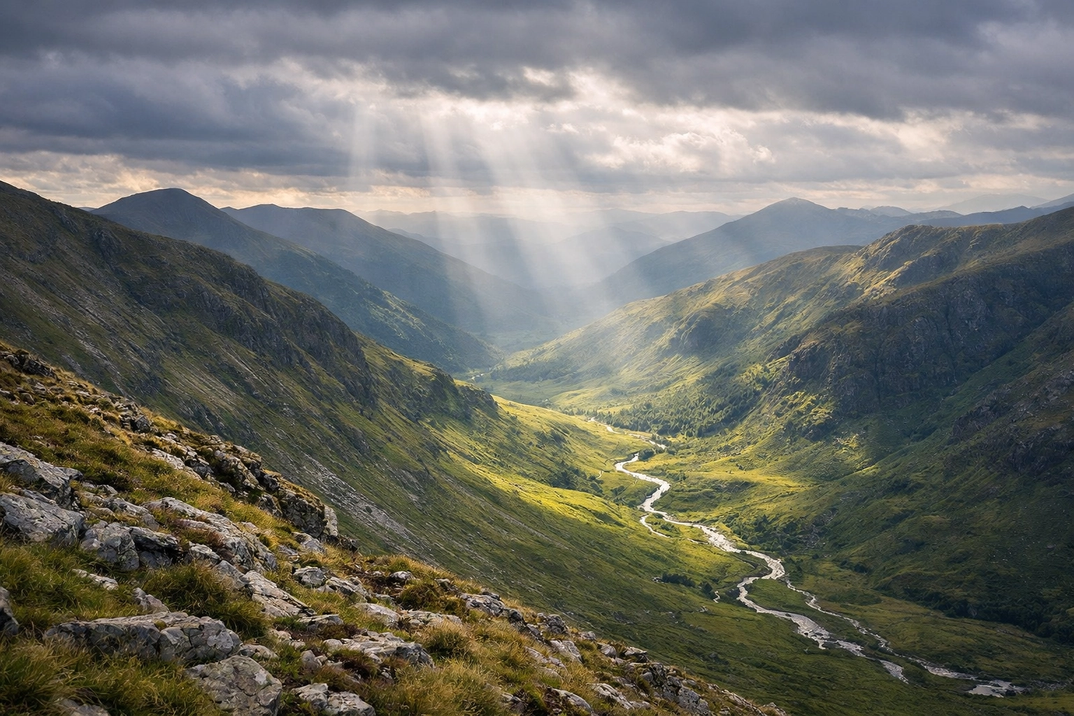 The Scottish Highlands landscape under changing mountain weather, highlighting nature awareness on a wild camping trip.