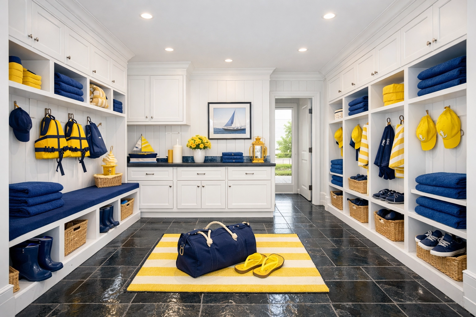 A perfectly organized and sanitized luxury mudroom following a professional Marblehead estate cleaning.