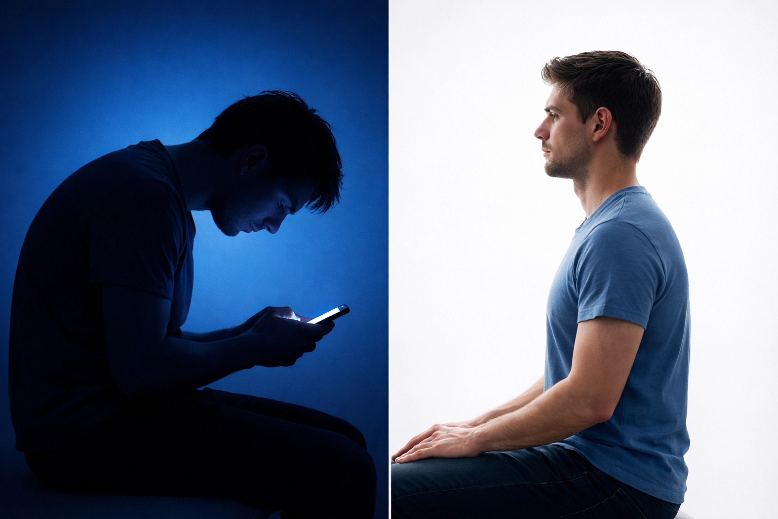 Before and after comparison of poor smartphone posture versus correct neck alignment for text neck relief