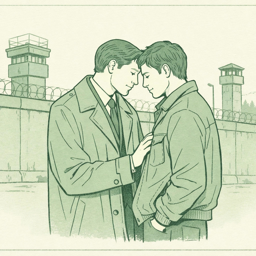 Two men in intimate moment by Berlin Wall in gay historical romance setting