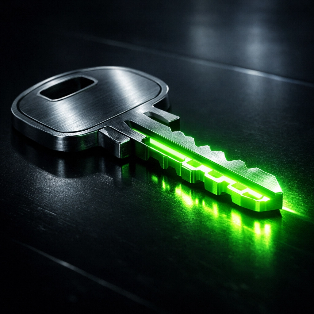 A glowing metallic key illustrating rapid response marketing and security for local locksmith services.
