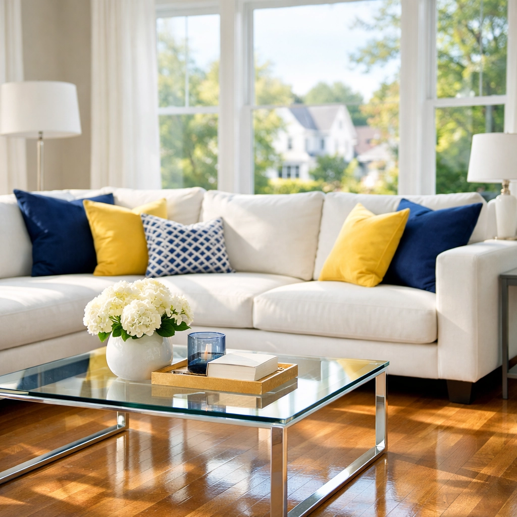 Spotless living room in Worcester with gleaming hardwood floors, showcasing a professional maid service Worcester clean.