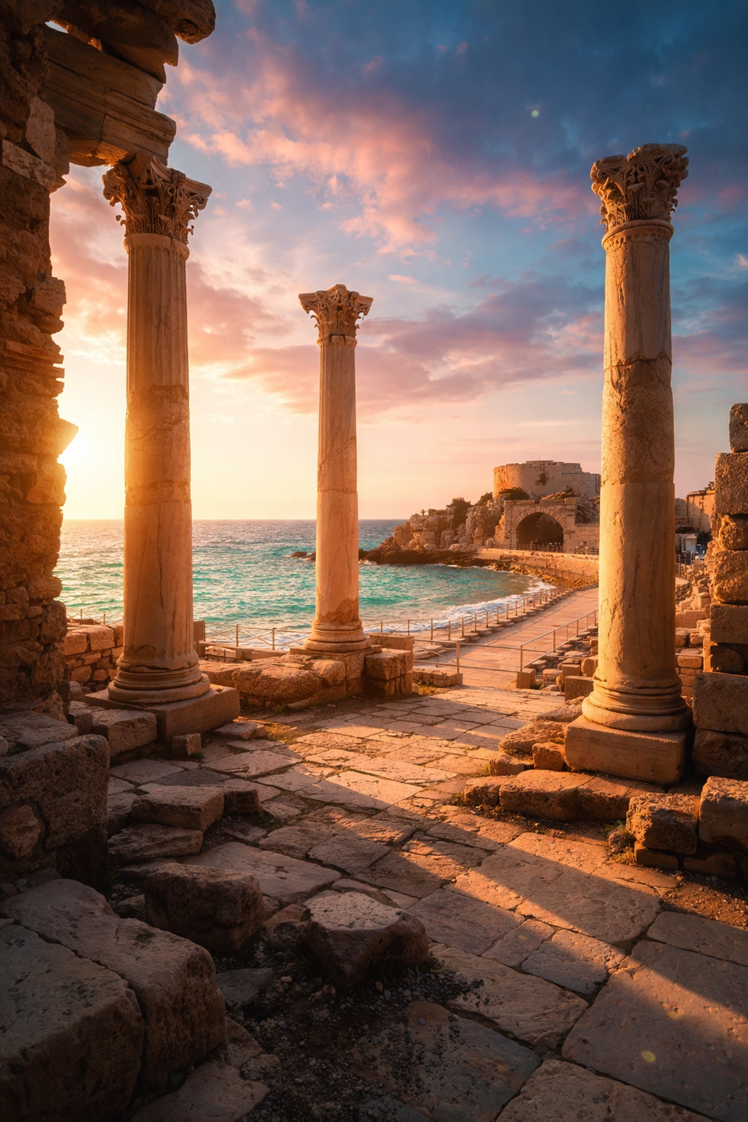 Ruins of Caesarea Maritima with Roman columns overlooking the Mediterranean Sea, showcasing Bible history in real geography