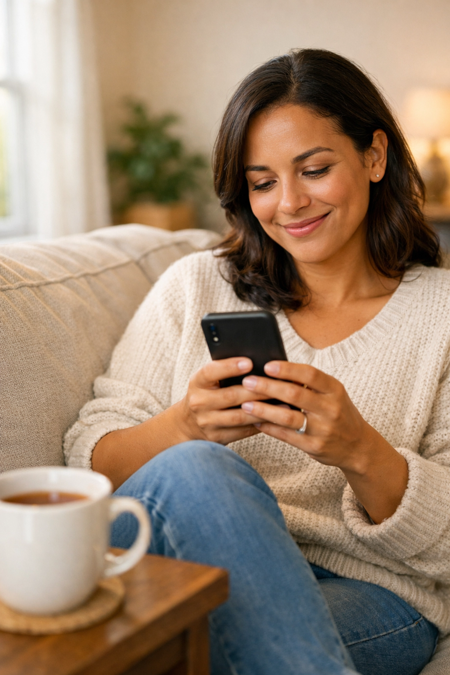 Woman texting doctor from home for UTI treatment using smartphone telehealth service