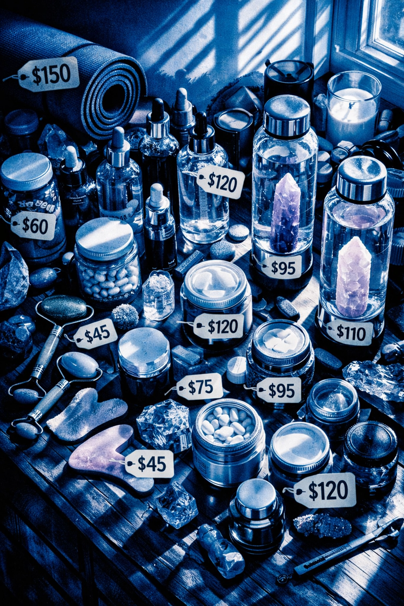 Expensive wellness products and supplements cluttering a vanity table showing wellness industry excess