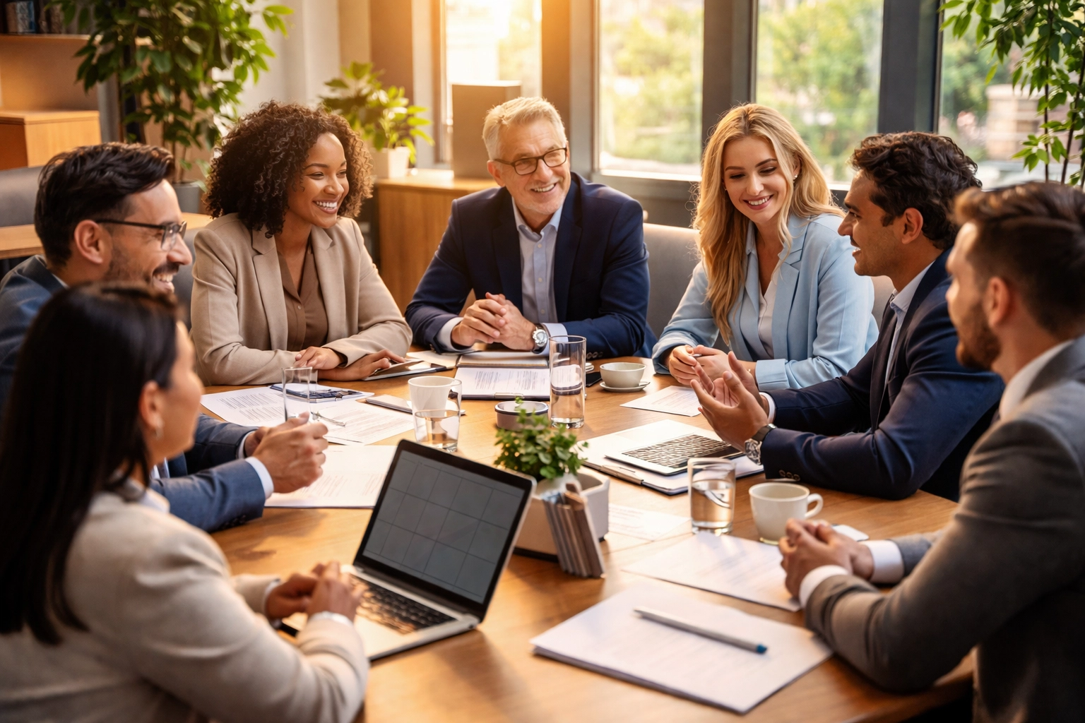 Diverse business leaders collaborating on faith-based leadership principles in modern office setting