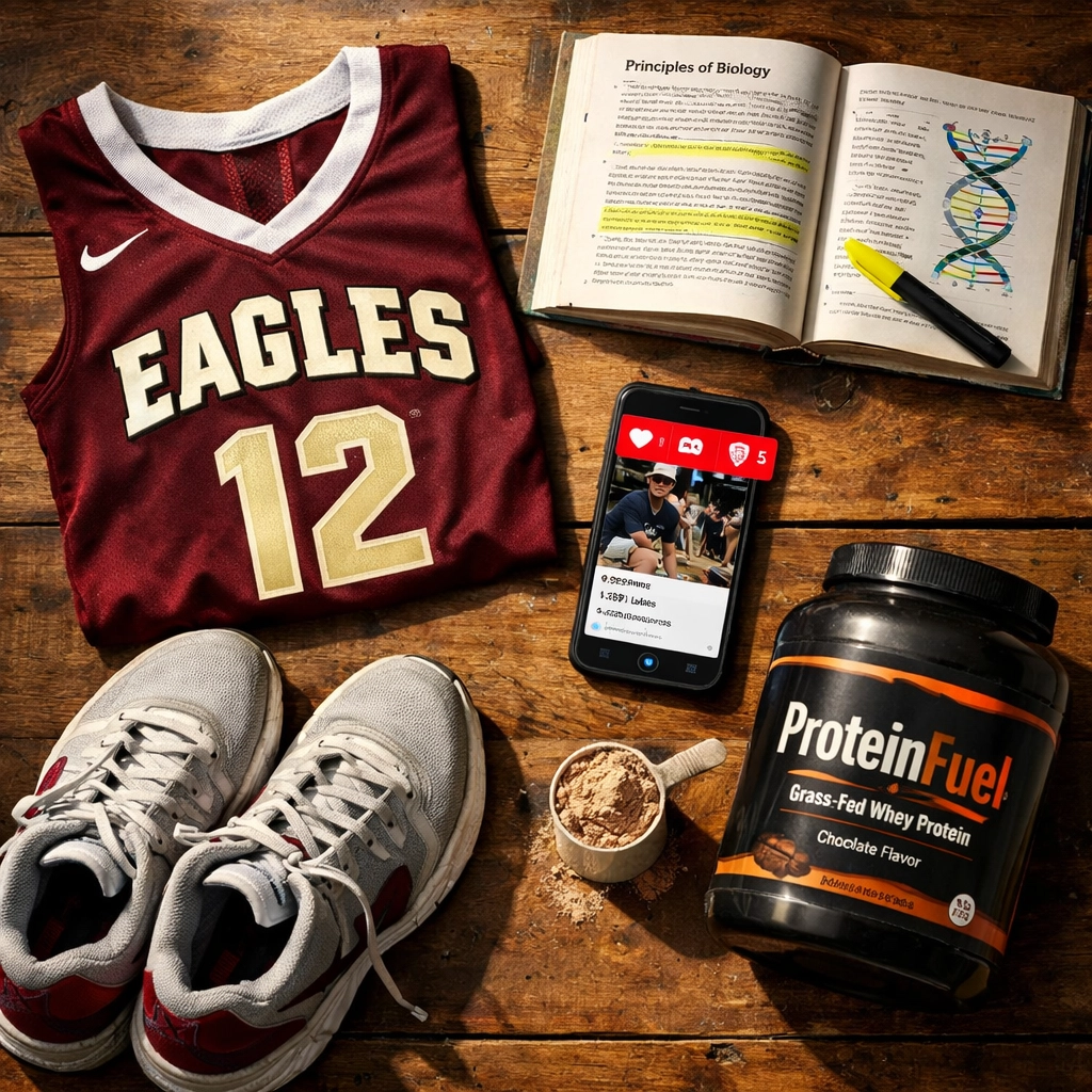 College athlete personal items displaying authentic NIL brand partnership