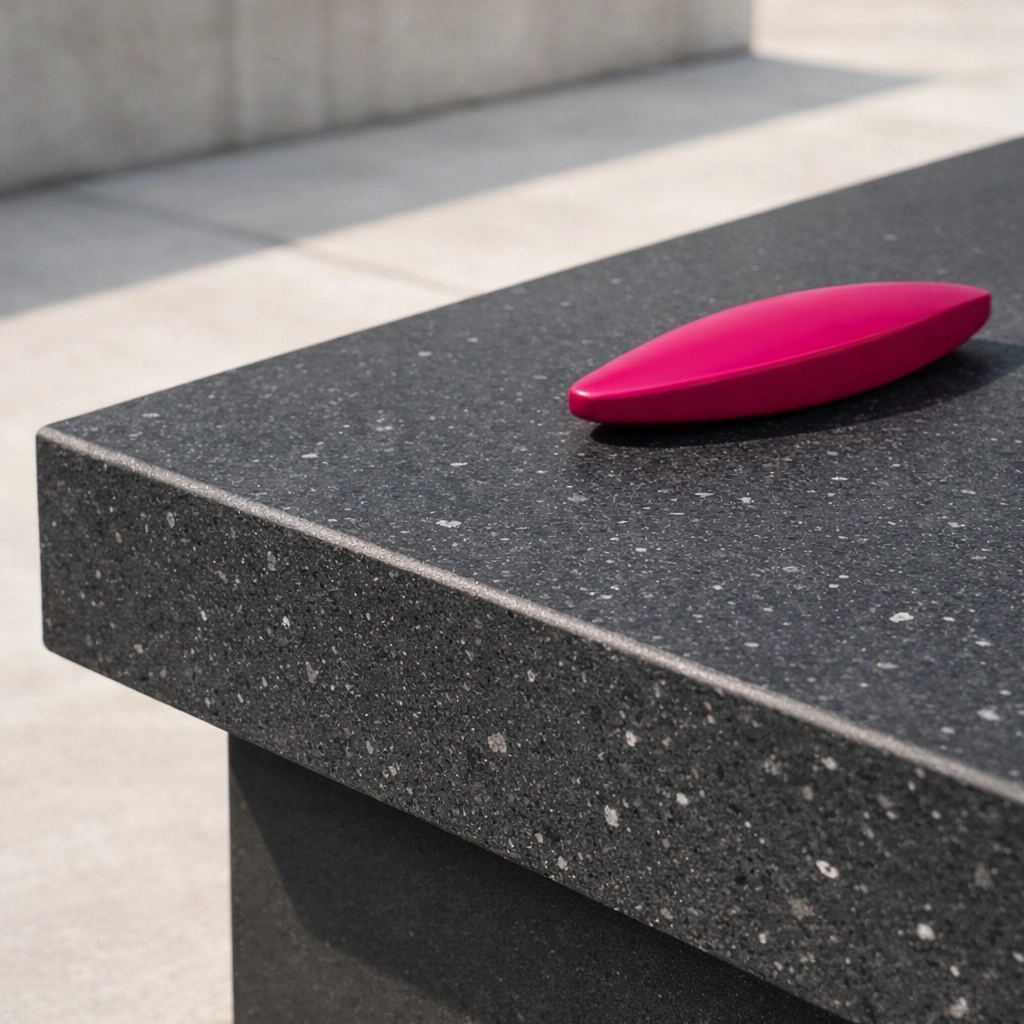 Durable industrial recycled plastic benchtop in dark grey with subtle flecks for outdoor furniture.