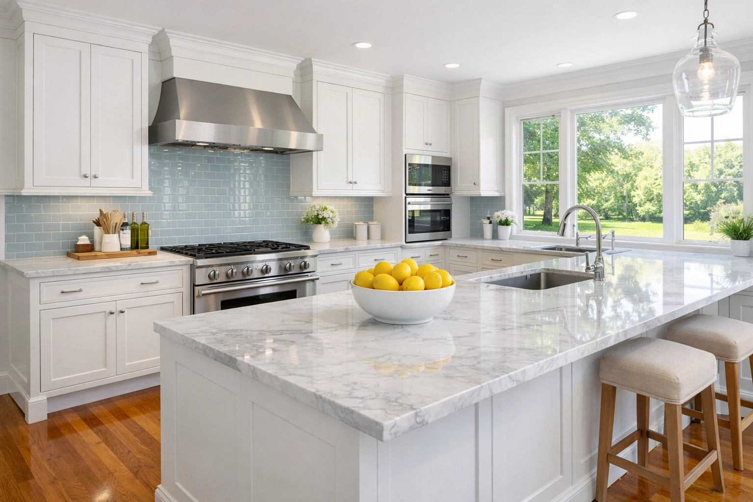 Professionally cleaned high-end kitchen in a Lincoln Massachusetts home with white cabinets and marble counters.