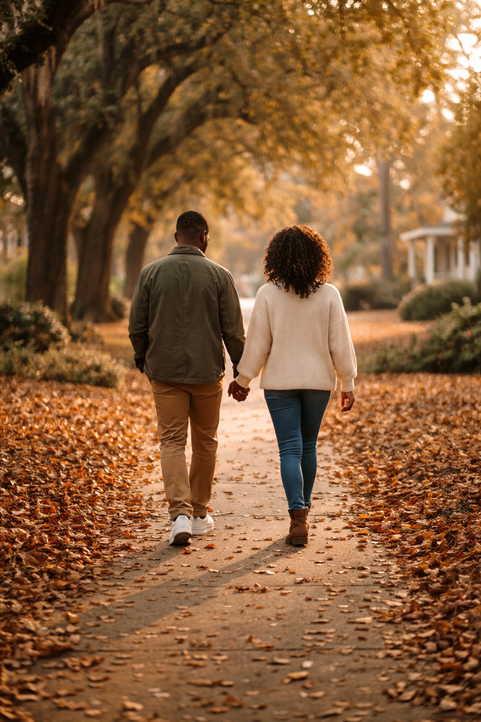 Black couple walking hand-in-hand on an autumn path, representing healing and partnership in Black relationships