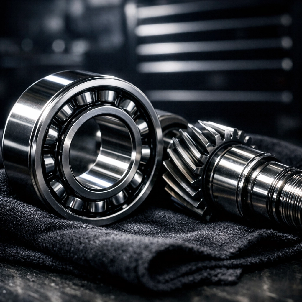 Close-up of a high-precision Porsche IMS bearing and engine shaft for mechanical repair in Plymouth.