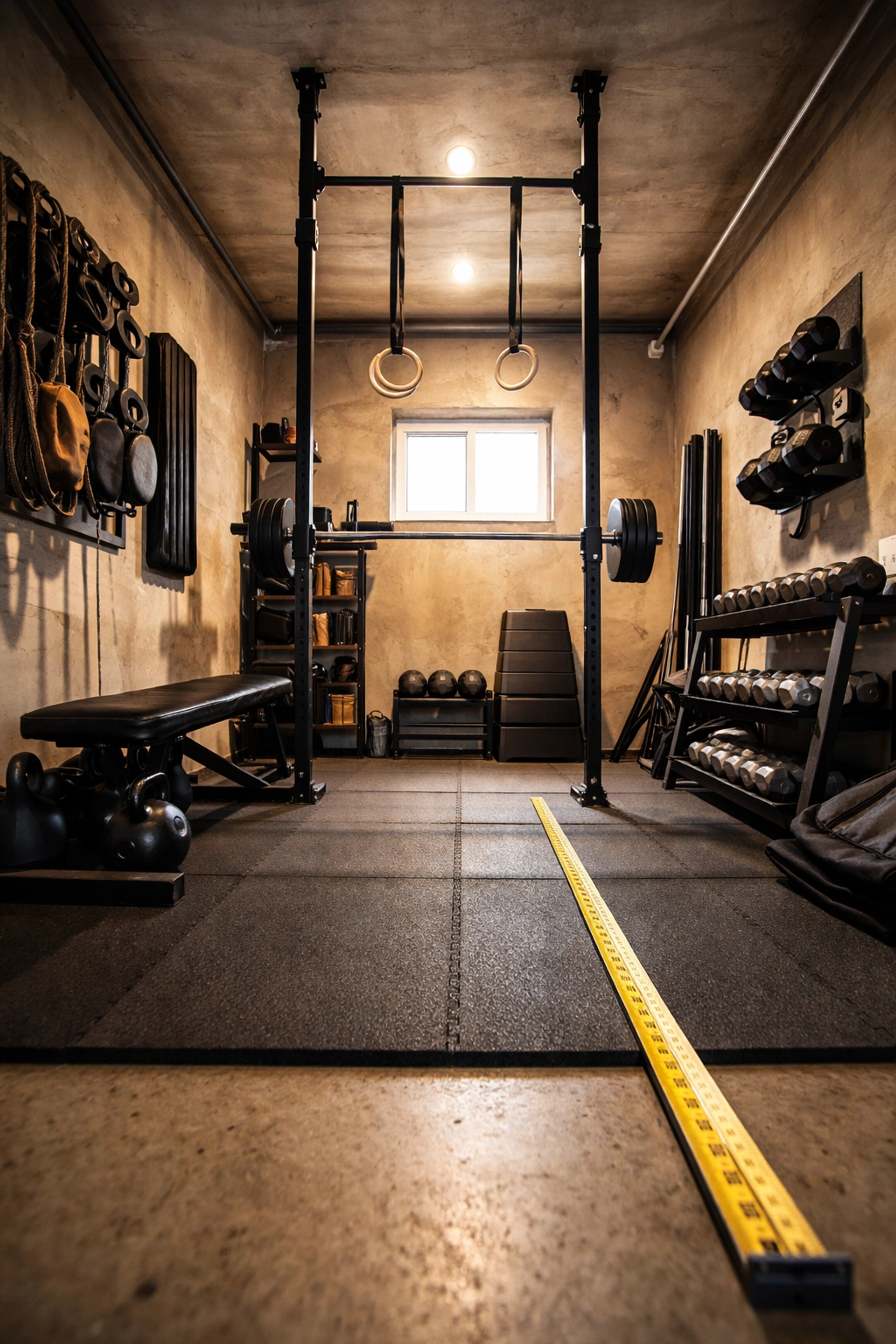 Compact garage home gym with floor-to-ceiling pull-up system, showcasing efficient use of vertical space and smart planning for home gym equipment.