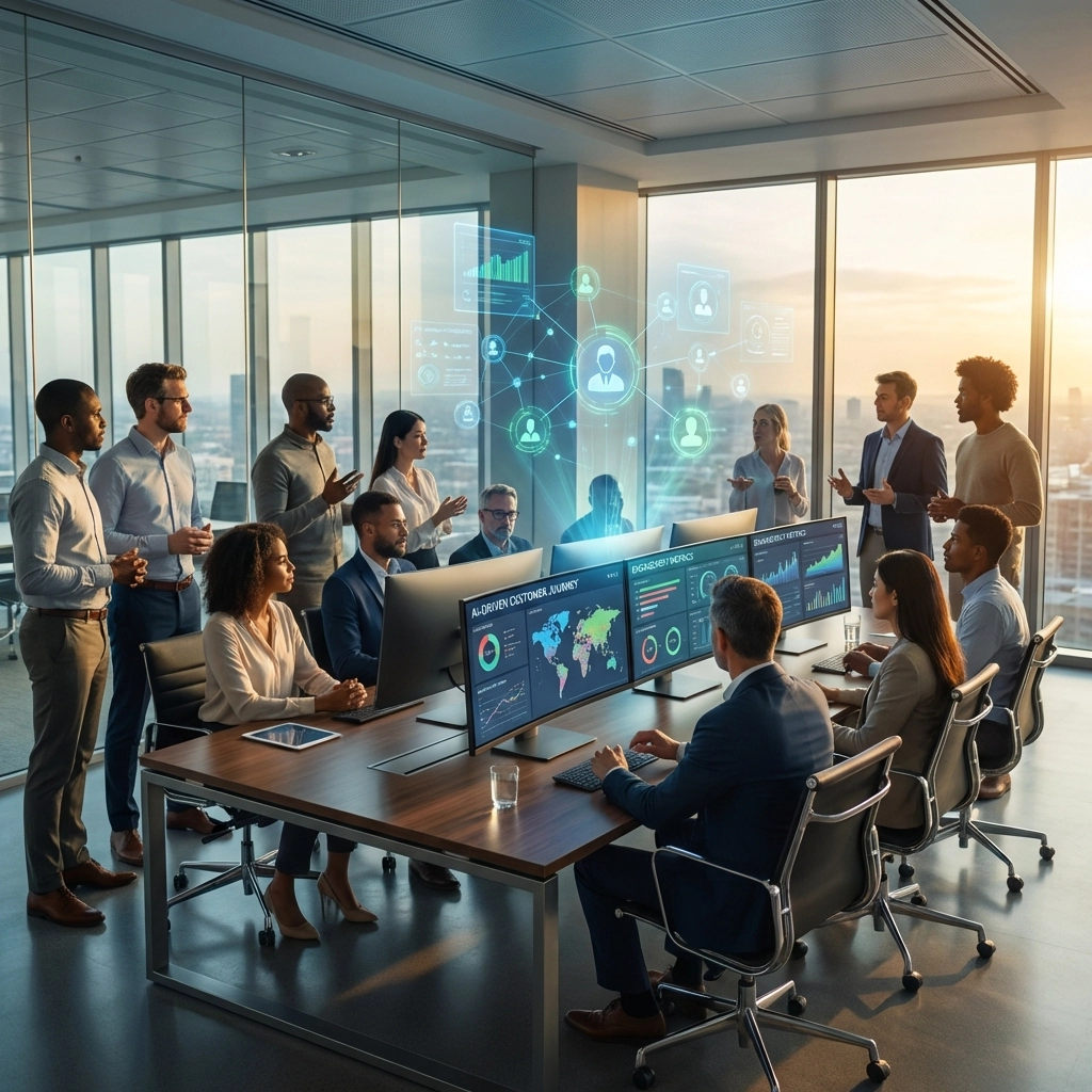 Diverse business professionals collaborate in a modern office with AI screens, discussing customer journey improvements.