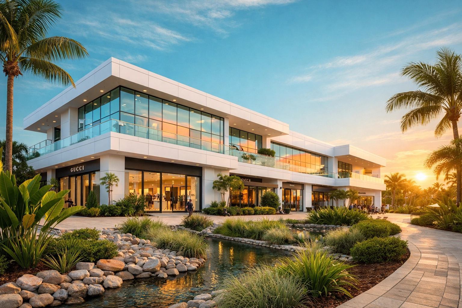 Completed luxury retail construction in South Florida featuring hurricane-resistant glass and tropical landscaping.
