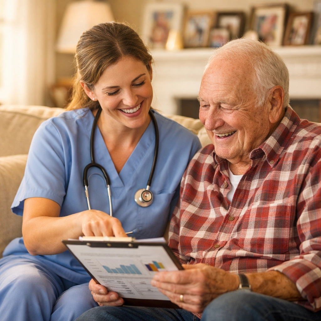 Skilled nurse in Houston providing intermittent care and checking a health chart with a senior.