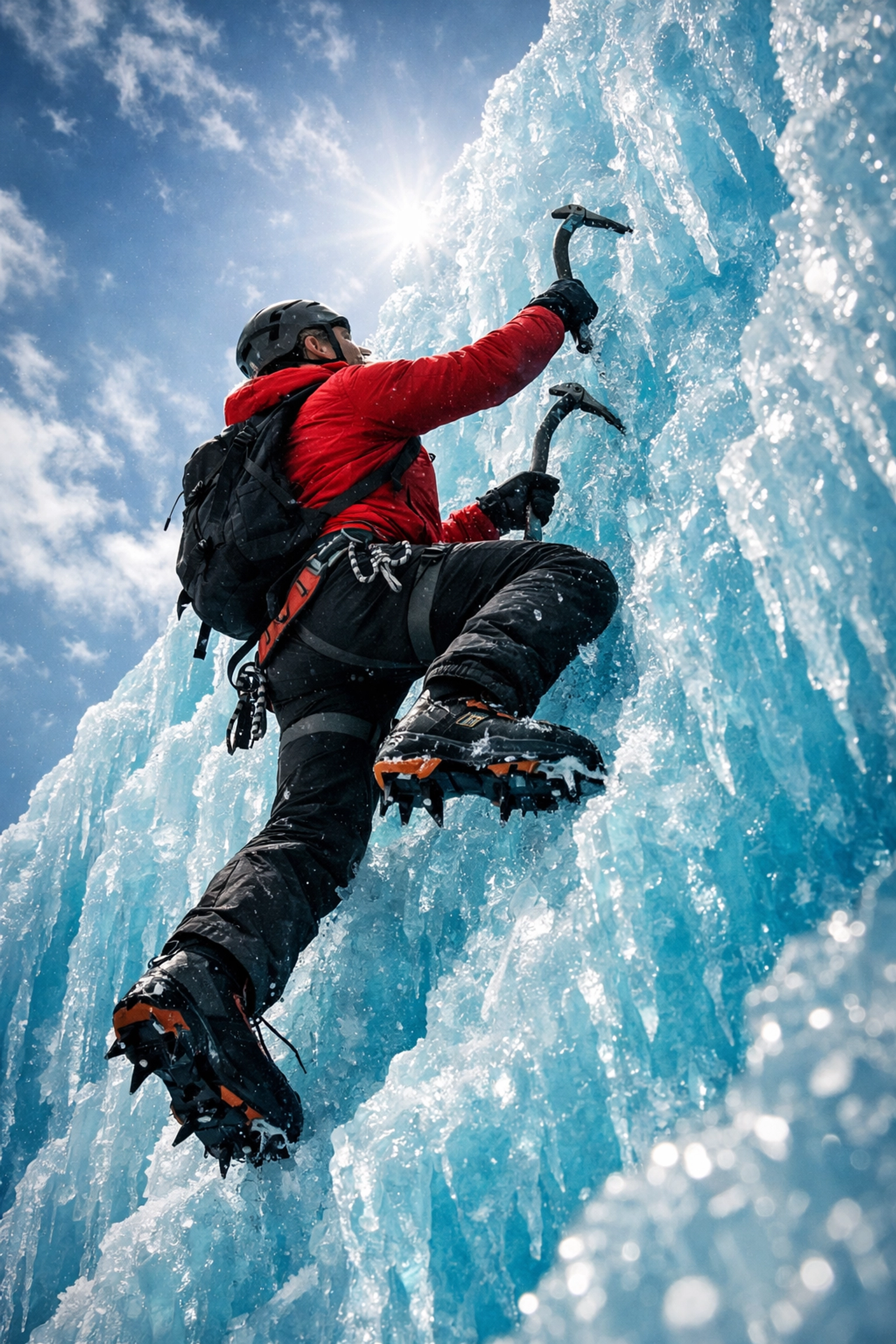 Male ice climber ascending steep frozen waterfall with ice axes and crampons in winter