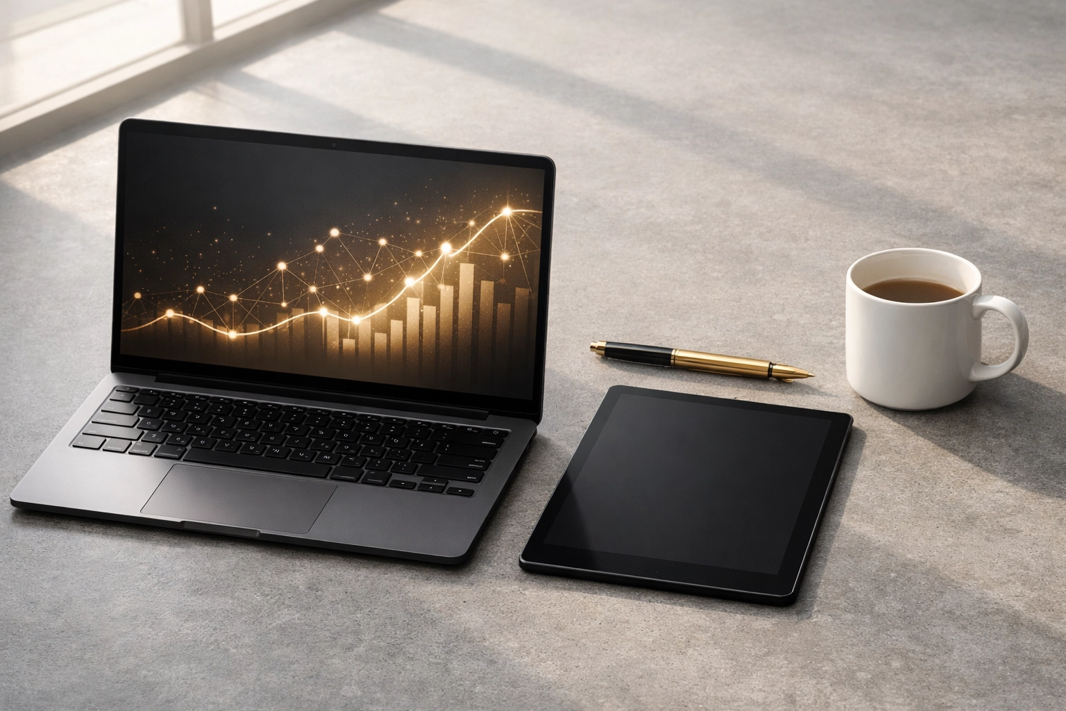 Sleek office workspace with a laptop displaying gold SEO and AEO growth data charts for digital strategy.
