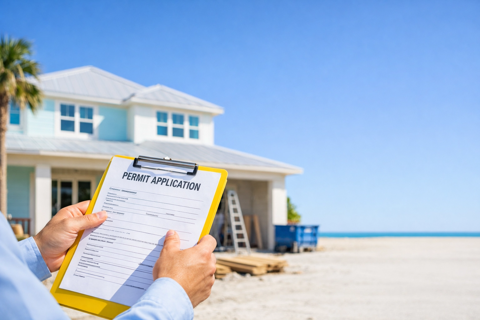Professional reviewing a residential permit application at a Florida construction site.